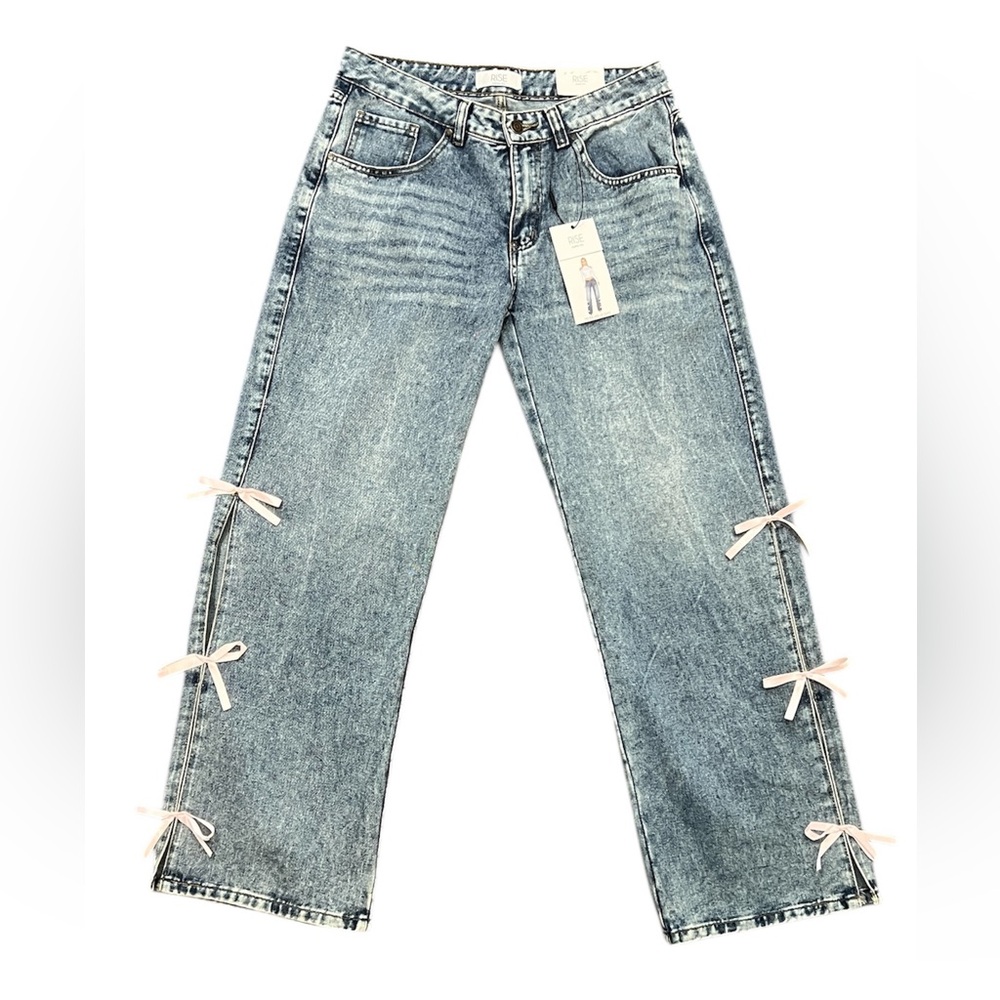 RISE Supply Co. Mid Rise Wide Leg Vintage Wash Jeans with Pink Bow Details